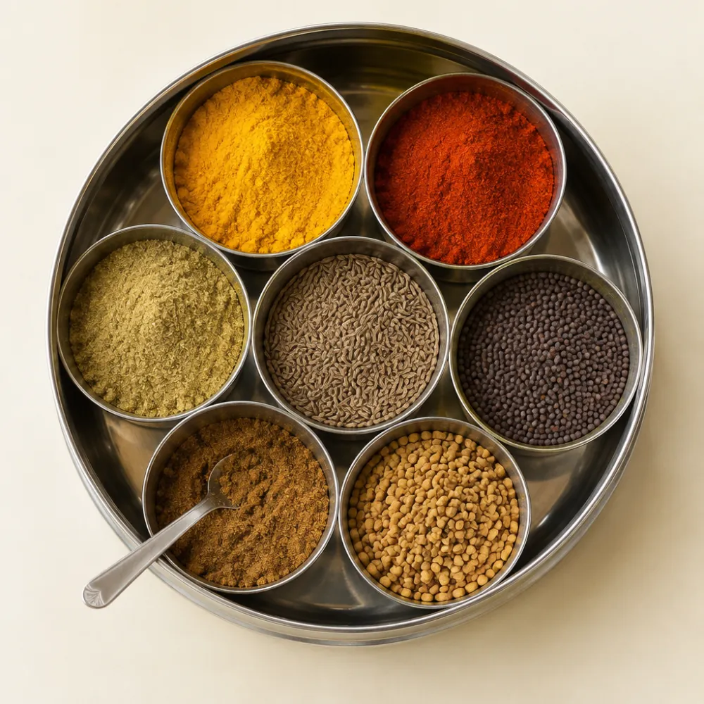 Masala dabba filled with turmeric, chilli, coriander and cumin